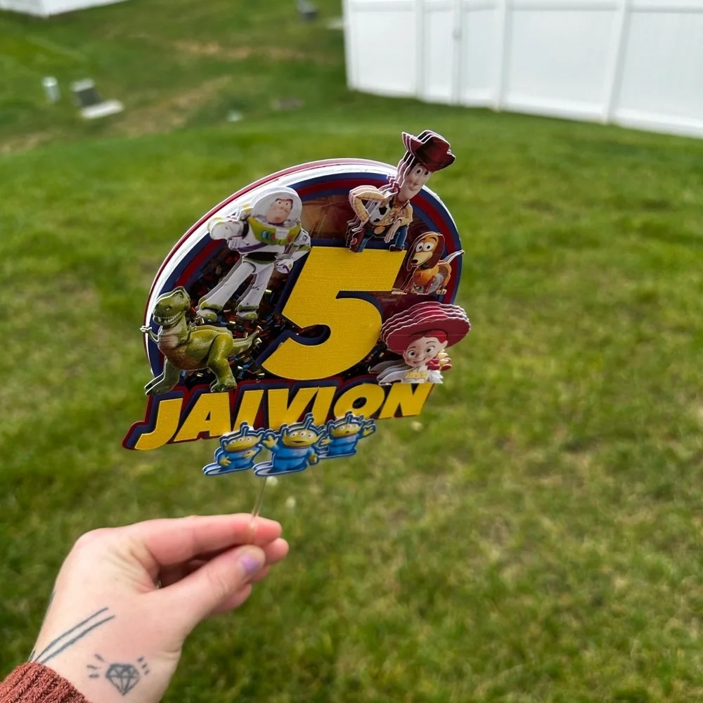 Handmade 3D Toy Story‎ Cake Topper – Custom Name & Age – Shaker + Light-Up